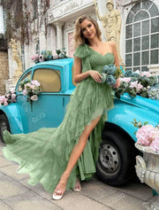 One Shoulder Tie Tulle Maxi Dress
