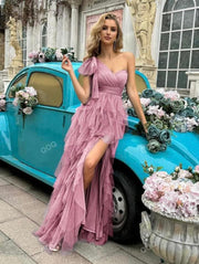 One Shoulder Tie Tulle Maxi Dress
