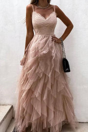 Spaghetti Lace Top Layered Tulle Maxi Dress