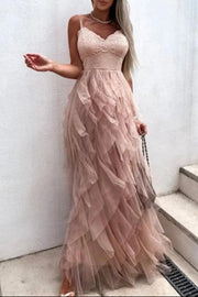 Spaghetti Lace Top Layered Tulle Maxi Dress