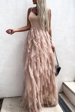 Spaghetti Lace Top Layered Tulle Maxi Dress