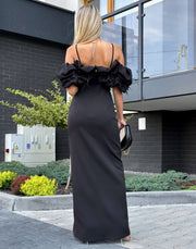 Feather Off The Shoulder Maxi Dress