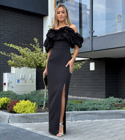 Feather Off The Shoulder Maxi Dress