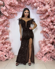 Sequin Feather-Detail Corset Maxi Dress