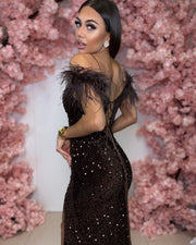 Sequin Feather-Detail Corset Maxi Dress