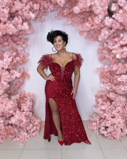 Sequin Feather-Detail Corset Maxi Dress