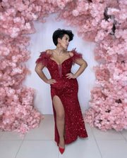 Sequin Feather-Detail Corset Maxi Dress