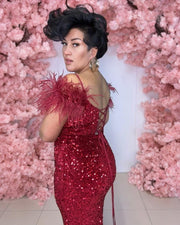 Sequin Feather-Detail Corset Maxi Dress