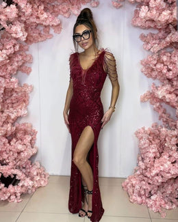 Embellished Sequin Evening Gown