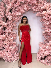 Strapless Feather-Trim Maxi Dress