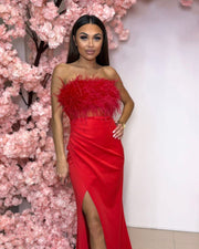 Strapless Feather-Trim Maxi Dress