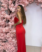 Strapless Feather-Trim Maxi Dress
