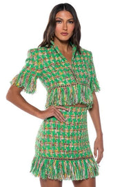 Fringe Tweed Mini Skirt Matching Suit Set