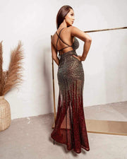 Sexy V Neckline Body Con Cocktail Club Dress Multicolored Chameleon Sequin  Side Slit Party Maxi Dress