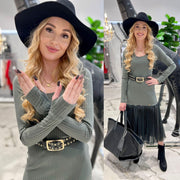 Long Sleeve Ribbed Tulle Detail Midi Maxi Dress