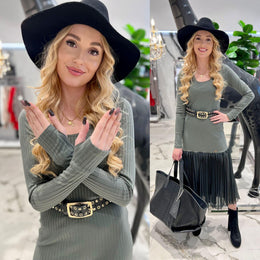 Long Sleeve Ribbed Tulle Detail Midi Maxi Dress