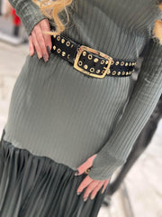 Long Sleeve Ribbed Tulle Detail Midi Maxi Dress