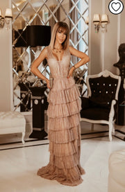 Ruffle Champagne Sleeveless Tulle Maxi Dress