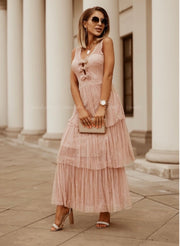 Sleeveless Lace Top Layered Tulle Bow Tie Maxi Dress