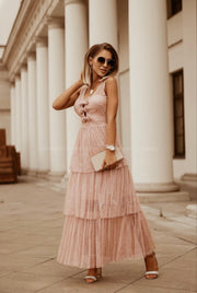 Sleeveless Lace Top Layered Tulle Bow Tie Maxi Dress