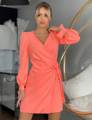 Long Sleeve Wrap Tie Mini Dress