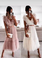 Sleeveless Off The Shoulder Tulle Polka Dots Midi Summer Dress