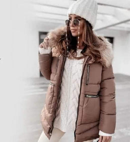 Faux Fur Hood Outside Zipper Outside Pockets Side Zipper Puffer Jacket