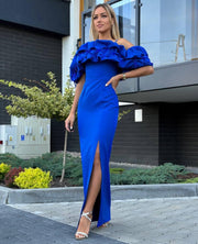 Feather Off The Shoulder Maxi Dress