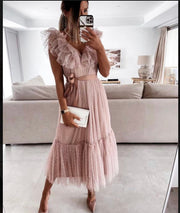 Sleeveless Off The Shoulder Tulle Polka Dots Midi Summer Dress