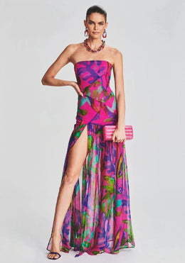 Tropical Strapless Tulle Bottom Maxi Dress
