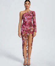 One Shoulder Sequin Mesh Floral Mini Midi Dress