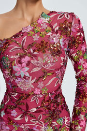 One Shoulder Sequin Mesh Floral Mini Midi Dress