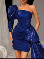 One Shoulder Body Con Metallic Blue Mini Dress