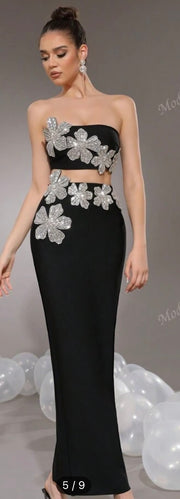 Elegant Beaded Strapless Top Crystal Floral Two Piece Summer
