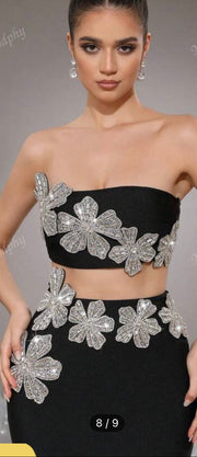 Elegant Beaded Strapless Top Crystal Floral Two Piece Summer