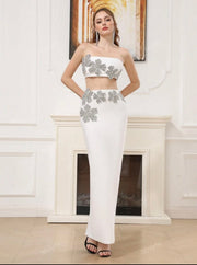 Elegant Beaded Strapless Top Crystal Floral Two Piece Summer