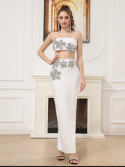 Elegant Beaded Strapless Top Crystal Floral Two Piece Summer