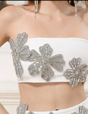 Elegant Beaded Strapless Top Crystal Floral Two Piece Summer