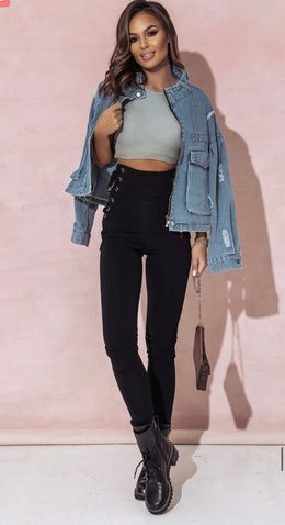 High Rise Leggings Adjustable Side Tying Zipper Back