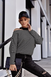 Long Sleeve Stripe Collar Open Shoulder Shirt