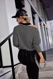 Long Sleeve Stripe Collar Open Shoulder Shirt
