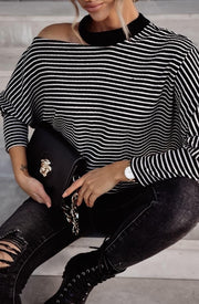 Long Sleeve Stripe Collar Open Shoulder Shirt