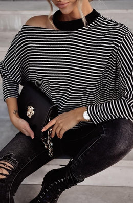 Long Sleeve Stripe Collar Open Shoulder Shirt