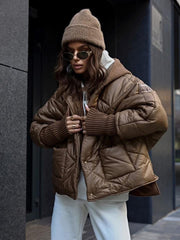 Coat with Extended Knitted Cuff Lined Knitted Hood Puffer Jacket