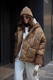 Coat with Extended Knitted Cuff Lined Knitted Hood Puffer Jacket