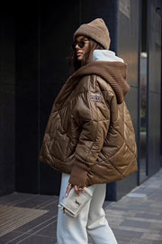 Coat with Extended Knitted Cuff Lined Knitted Hood Puffer Jacket