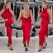 Satin Body Con Halter Bow Tie Midi Maxi Dress