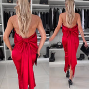 Satin Body Con Halter Bow Tie Midi Maxi Dress