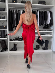 Satin Body Con Halter Bow Tie Midi Maxi Dress