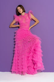 Hot Pink Tulle Gown Maxi Dress